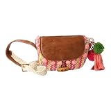 Inca. Bolso Rafia para niñas de colores rosa, amarillo y blanco, pompones de colores, asa y solpa marrón. Bolso bandolera cruzado de verano. Bolso niña asa larga