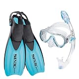 SEAC Set Sprint Dry Conjunto de Snorkeling con máscara de Buceo, esnórquel y Aletas de talón Abierto, para niños y Adultos, Juventud Unisex, Azul, 32/35