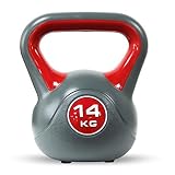 POWRX - Kettlebell de hormigón 2-20 kg - Pesa Rusa con Revestimiento de Vinilo - Base con Goma Antideslizante + PDF Workout (14 kg/Rojo)