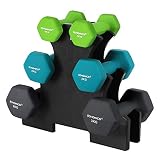 SONGMICS Juego de Mancuernas hexagonales con Soporte - 2 x 1 kg, 2 x 2 kg, 2 x 3 kg, Neopreno con Acabado Mate, Pesas para Gimnasio en casa, Lima, Azul Verdoso y Gris Oscuro SYL612G02