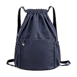 JUL Bolsa de deporte con cordón, impermeable, con cremallera, bolsillo interior exterior, bolsa de gimnasio, bolsa ajustable, ligera, mochila escolar, mochila para hombre y mujer, azul oscuro, M