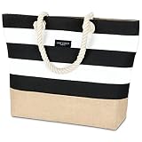LARK STREET Bolso de Playa Rayas Negro Bolso de Viaje para Hombre y Mujer Hecho de Resistente Lona de Algodón y Yute - Bolsa para Nadar con Cómodas Asas Amplias - Gran Bolso Tote con Cremallera