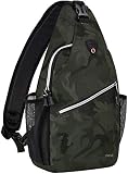 MOSISO Pecho Bolso Sling Mochila Bandolera, Poliéster Bandolera Bandolera Bolsa Deportiva para Hombres, Mujeres, Niñas, Niños de Mochila de Viaje, Camuflaje Verde Medianoche