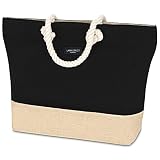 LARK STREET Bolso de Playa Negro Bolso de Viaje para Hombre y Mujer Hecho de Resistente Lona de Algodón y Yute - Bolsa para Nadar con Cómodas Asas Amplias - Gran Bolso Tote con Cremallera