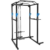TecTake Multiestación de Fitness para Entrenamiento | 2 puntales de Seguridad macizos | Poleas para Barras de Flexiones Inferiores y Superiores Modelos (Azul Negro Lat | No. 402598)