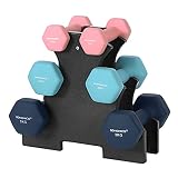 SONGMICS Juego de Mancuernas Hexagonales con Soporte - 2 x 1 kg, 2 x 2 kg, 2 x 3 kg, Neopreno con Acabado Mate, Pesas para Gimnasio en Casa, Rosado, Agua y Azul SYL612MK