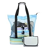 Acmebon Bolsa Tote Grande de Malla para Playa con Manta de Picnic y Nevera térmica incorporada Azul