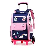 Mochila Escolar Trolley Niña y Niños con Ruedas Mochilas con Ruedas Pequeña Guardería Mochila Bolsas Escolares de Dibujos Animados Impermeable Chica Mochilas 6-12 Años, Azul Rosado