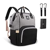 Hafmall Mochilas para Pañales de Viaje Impermeable para Bebés, Elegante Bolsos para Pañales de Gran Capacidad con Cambiador y Ganchos Carrito Bebé (Negro+Gris)