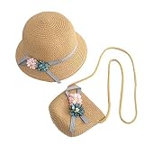 NUOBESTY Sombrero y Bolso de Paja, Flores Sombrero de Paja para El Sol Sombrero Playa Gorras Verano Sombrero Fiesta de té Billetera para Niñas de 3 a 12 Años (Caqui)