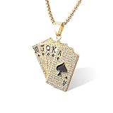 YABEME Collar de Póquer de Hip Hop, Acero Inoxidable Chapado en Oro de 18 K, Colgante de Buena Suerte con Diamantes Simulados Escalera Real, Regalo Joyería Casino para Hombres Y Niños,18inch