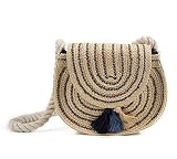 Inca. Bolso Rafia para niñas color beige con rayas en azul marino infantil y pompones de colores. Bolso bandolera redondo cruzado de verano. Asa larga
