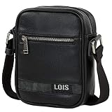 Lois - Bolso Hombre Bandolera Pequeña de Piel PU - Bolso de Hombro de Marca LOIS con Cremallera para Uso Casual, Trabajo y Viaje Diseñado en España 310216, Color Negro