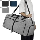 NEWHEY Bolsa de Viaje 65L Plegable Ligera Bolsa Deporte Hombre Impermeable Bolsa Fin de Semana con Compartimento Zapatos para Mujeres Gris