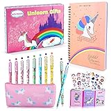 Unicornio Papeleria Regalo Niña 10 9 8 7 Años,Material Estuche Escolar Niña,Unicornio Cuaderno Bonitos e Notas Adhesivas Kawaii e Boligrafos Gel 10 Colores para Niña(25 Piezas)