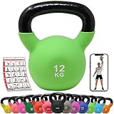 POWRX Kettlebell Hierro Fundido 12 kg - Pesa Rusa con Revestimiento de Neopreno + PDF Workout (Verde Claro)