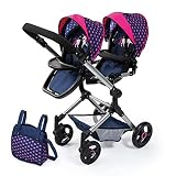 Bayer Design 26254AA Cochecito de Muñeca Gemelas, Carrito Paseo para muñecos, Ajustable en Altura, Plegable, con la Bolsa de Bandoler, Azul con Unicornio y Corazones