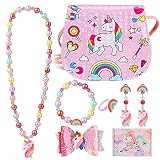 Hifot Unicornio Cuero Bolsos Bandolera Monedero para niñas, Gioielli Brillante Anillos Collares Pulseras Pelo Clip Pendientes Conjunto ,Juegos de rol Fiesta Accesorios Vestido Dress up Caja de Regalo