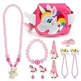 Hifot Unicornio Niñas Bolso Joyas Collar Pulsera Anillo Pendientes Gomas del Pelo Pinza Set, Princesa Joya Regalo Fiesta Accesorios Vestido Dress up