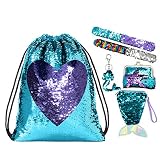 Wodasi Niña Mochilas de Lentejuelas, Lentejuela Mochila con Cordón con el Monedero y Pulseras y Monedero Sirena y Llavero de Sirena, Mochila Lentejuelas Niña Reversibles con Cordón Mochilas, 6 PCS