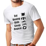 lepni.me Camisetas Hombre Eat Boxing Ride Sleep Repeat - for Fighters and Riders Motivational Sports Quotes (Large Blanco Negro)