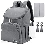 Voova Mochila de Pañales para Bebé, Impermeable Bolso Mochila Maternidad, Gran Capacidad Mochila de Cambio Bolsa para Pañaleras con Cambiador y 2 Piezas Ganchos Carrito Bebes para Mamá y Papá, Gris