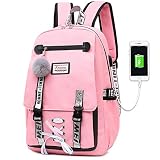 HANXIUCAO Mochila para Niñas Teen Hairball Pull Flower Mocksack 20-35L Mujer Estudiante universitaria Mochila con Cierre Mochila Antirrobo con Puerto De Carga USB (Rosado)