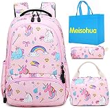 Mochila Unicornio Niños Impermeable Mochila Escolar para Adolescente Pequeñas Mochilas Infantil Bolso para Chicas para La Escuela,Viajes,Intemperie Juego de 3 - Rosa Bebé