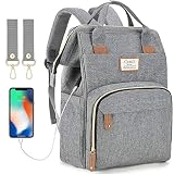Mochila para Pañales Biberones,Bolso del Bebé Mamá,Impermeable con Estilo Oxford Bolso Pañal de Gran Capacidad, con Portátil Cambiador y 2 Piezas Ganchos Carrito Bebé Puerto de Carga USB (Gris)