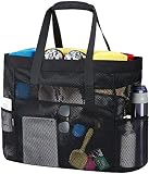 Bolsa de Playa, Bolsa Grande de Malla de Playa, Bolsa Tote de Compras Negro Reutilizables con Cremallera Multi Bolsillos, para la Playa, Natacición, Camping, Compras, Vacaciones Familiares