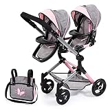 Bayer Design 26233AA Cochecito de muñeca gemelas, Carrito Paseo para muñecos, Ajustable en Altura, Plegable, con Bolsa de Bandolera, Compatible con Silla de Coche EasyGo, Gris, Rosa, Mariposa