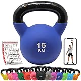 POWRX Kettlebell Hierro Fundido 16 kg - Pesa Rusa con Revestimiento de Neopreno + PDF Workout (BLU)