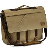 Kasgo Maletín Portátil Bolso Hombre Bandolera, Vintage Impermeable Lona A Prueba de Choques 15.6 Pulgadas con Correa de Hombro Acolchada Casual Bolsa Mensajero Manga de Equipaje Caqui