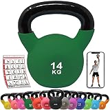 POWRX Kettlebell Hierro Fundido 14 kg - Pesa Rusa con Revestimiento de Neopreno + PDF Workout (Verde)