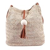 Beauneo Bolso de cuero hecho a mano de la vendimia de Bali,Bolso redondo de la playa de la paja Bolso de la rota de las muchachas,bolso pequeno de la rota de Bohemia de las muchachas(marron)
