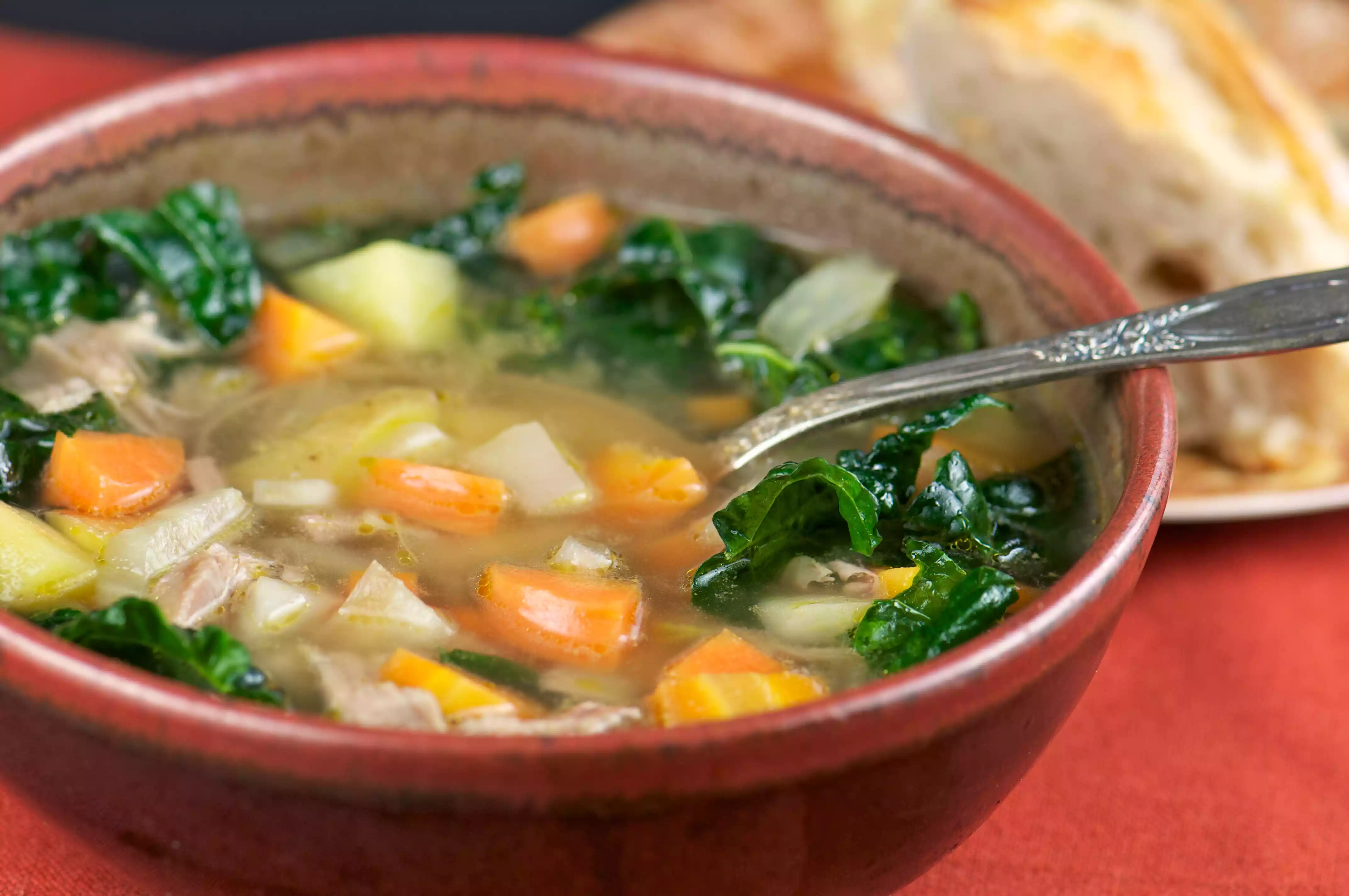 Bowl of Homemade Turkey Soup and Bread